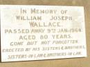 William Joseph WALLACE, died 9 Jan 1964 aged 80 years, erected by sisters & brothers, sisters-in-law  & brothers-in-law; Jandowae Cemetery, Wambo Shire 