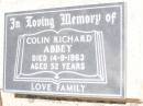 Colin Richard ABBEY, died 14-9-1963 aged 52 years; Jandowae Cemetery, Wambo Shire 