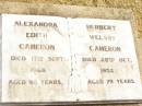 Alexandra Edith CAMERON, died 17 Sept 1968 aged 98 years; Herbert Welsby CAMERON, died 28 Oct 1952 aged 79 years; Jandowae Cemetery, Wambo Shire 