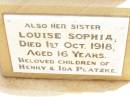 
Hulda Henriette PLATZKE,
died 27 April 1902 aged 5 years;
Louise Sophia, 
sister,
died 1 Oct 1918 aged 16 years;
children of Henry & Ida PLATZKE;
Jandowae Cemetery, Wambo Shire

