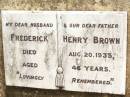Frederick Henry BROWN, husband father, died 20 Aug 1935 aged 46 years; Jandowae Cemetery, Wambo Shire 