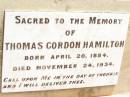 Thomas Gordon HAMILTON, born 20 April 1884, died 24 Nov 1934; Jandowae Cemetery, Wambo Shire 