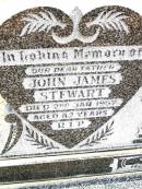 
John James STEWART,
father,
died 2 Jan 1957 aged 82 years;
Mary Alice STEWART,
mother,
died 15 June 1956 aged 76 years;
Sydney Lloyd STEWART,
son brother,
died 17 April 1951 aged 36 years;
Jandowae Cemetery, Wambo Shire
