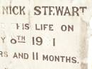
Thomas Dominick STEWART,
son,
died 8 Feb 1910 aged 18 years 11 months;
Jandowae Cemetery, Wambo Shire
