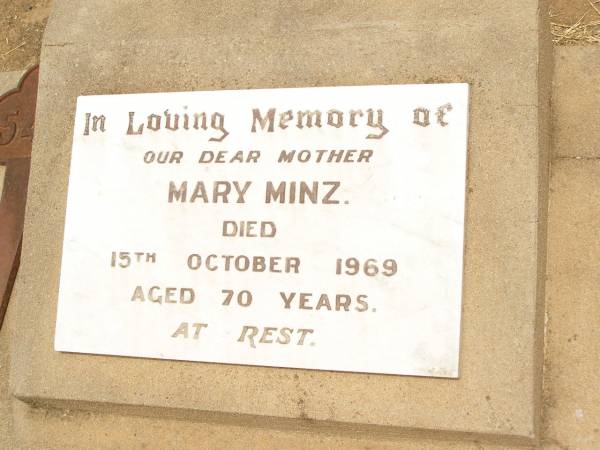 Mary MINZ,  | mother,  | died 15 Oct 1969 aged 70 years;  | Jandowae Cemetery, Wambo Shire  | 
