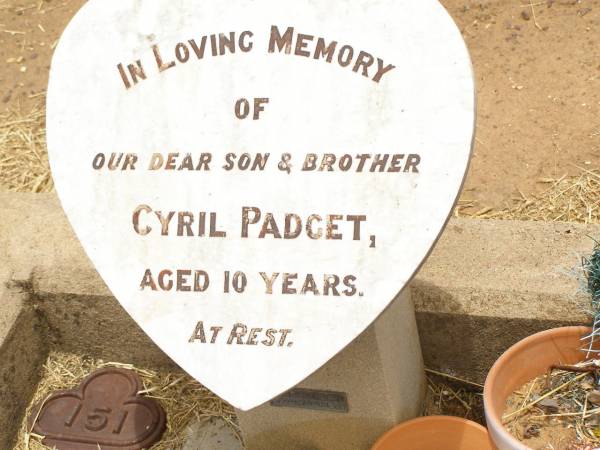 Cyril PADGET,  | son brother,  | aged 10 years;  | Jandowae Cemetery, Wambo Shire  | 