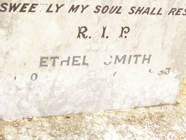 Robert Charles SMITH,  | son,  | died 15 Dec 1922 aged 3 years 9 months 11 days;  | Ethel SMITH,  | died 6 July 1963 aged 58 years;  | John (Jacky) STACK,  | died 28 June 1932 aged 7 months;  | Jandowae Cemetery, Wambo Shire  | 