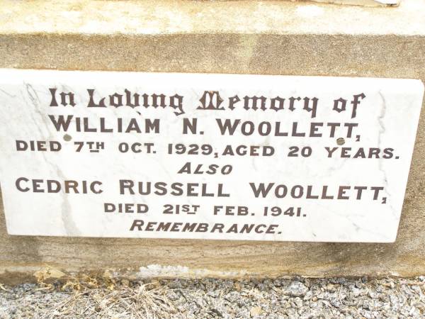Frederick Austin WOOLLETT,  | died 12 Oct 1926 aged 23 years;  | William N. WOOLLETT,  | died 7 Oct 1929 aged 20 years;  | Cedric Russell WOOLLETT,  | died 21 Feb 1941;  | Jack, Norm, Baby;  | Jandowae Cemetery, Wambo Shire  | 