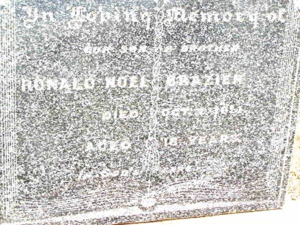 Ronald Noel BRAZIER,  | son brother,  | died 7 Oct 1951 aged 18 years;  | Jandowae Cemetery, Wambo Shire  | 