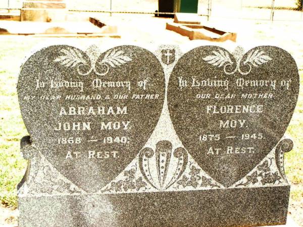 Abraham John MOY,  | husband father,  | 1868 - 1940;  | Florence MOY,  | mother,  | 1875 - 1945;  | Ernest Alfred PIKE,  | grandson,  | 25-09-1921 - 18-12-1921,  | interred Warra cemetery;  | Jandowae Cemetery, Wambo Shire  | 