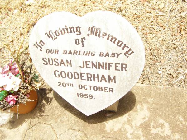Susan Jennifer GOODERHAM,  | baby,  | died 20 Oct 1959;  | Jandowae Cemetery, Wambo Shire  | 