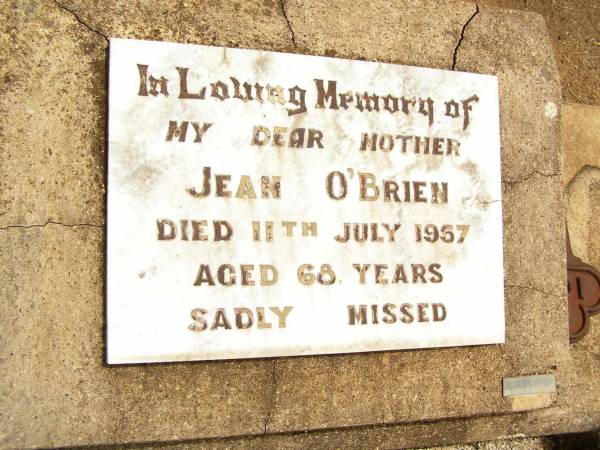 Jean O'BRIEN,  | mother,  | died 11 July 1957 aged 68 years;  | Jandowae Cemetery, Wambo Shire  | 