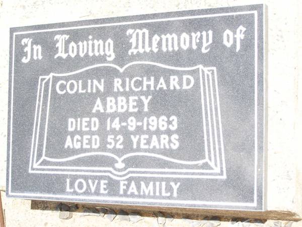 Colin Richard ABBEY,  | died 14-9-1963 aged 52 years;  | Jandowae Cemetery, Wambo Shire  | 