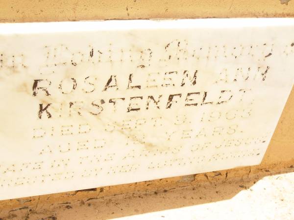 Rosaleen Ann KIRSTENFELDT,  | died 9 Sept 1963 aged 12 years;  | Jandowae Cemetery, Wambo Shire  | 