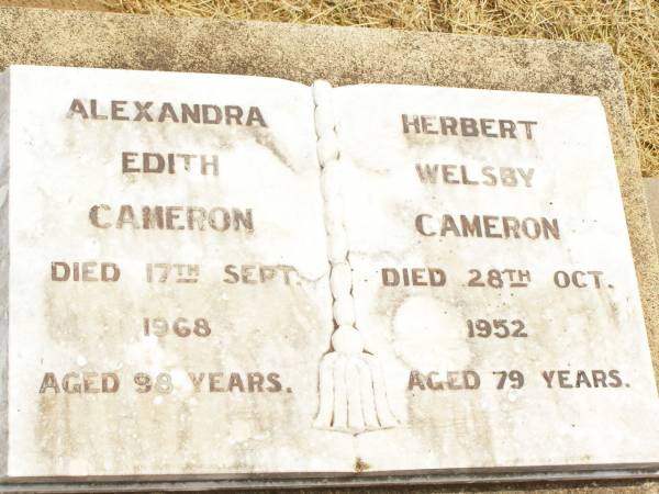 Alexandra Edith CAMERON,  | died 17 Sept 1968 aged 98 years;  | Herbert Welsby CAMERON,  | died 28 Oct 1952 aged 79 years;  | Jandowae Cemetery, Wambo Shire  | 