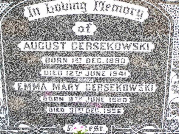 August GERSEKOWSKI,  | born 1 Dec 1880,  | died 12 June 1941;  | Emma Mary GERSEKOWSKI,  | born 9 June 1880,  | died 31 Dec 1956;  | Jandowae Cemetery, Wambo Shire  |   | 