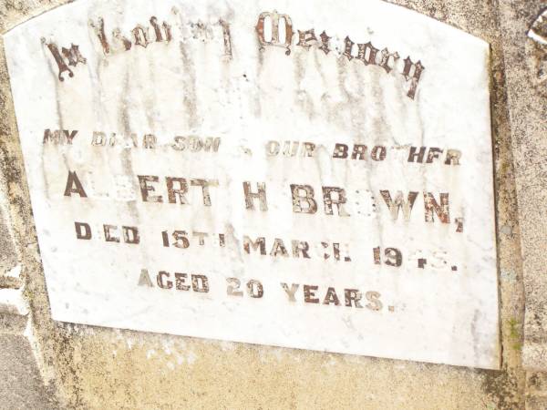 Albert H. BROWN,  | son brother,  | died 15 March 1945 aged 20 years;  | Jandowae Cemetery, Wambo Shire  | 