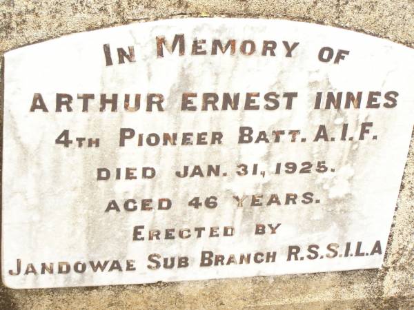 Arthur Ernest INNES,  | died 31 Jan 1925 aged 46 years;  | Jandowae Cemetery, Wambo Shire  | 