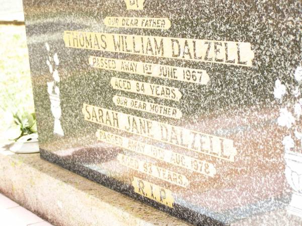 Thomas William DALZELL,  | father,  | died 1 June 1967 aged 84 years;  | Sarah Jane DALZELL,  | died 10 Aug 1978 aged 93 years;  | Jandowae Cemetery, Wambo Shire  | 