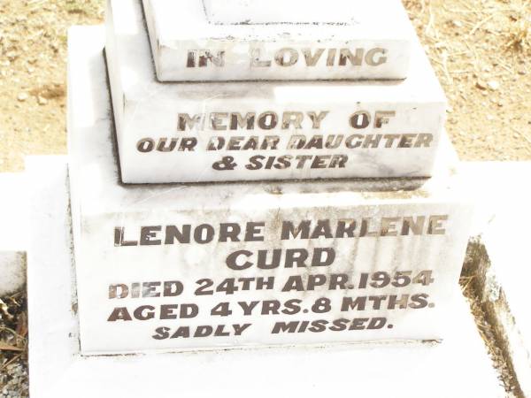 Lenore Marlene CURD,  | daughter sister,  | died 24 April 1954 aged 4 years 8 months;  | Jandowae Cemetery, Wambo Shire  | 