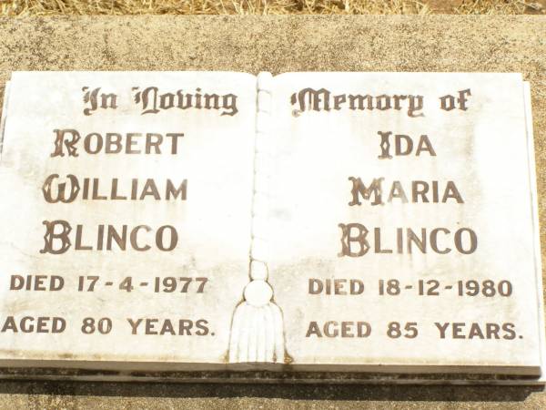 Robert William BLINCO,  | died 17-4-1977 aged 80 years;  | Ida Maria BLINCO,  | died 18-12-1980 aged 85 years;  | Jandowae Cemetery, Wambo Shire  | 