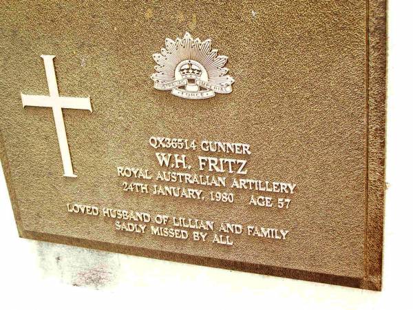 W.H. FRITZ,  | died 24 Jan 1980 aged 57 years,  | husband of Lillian;  | Jandowae Cemetery, Wambo Shire  | 