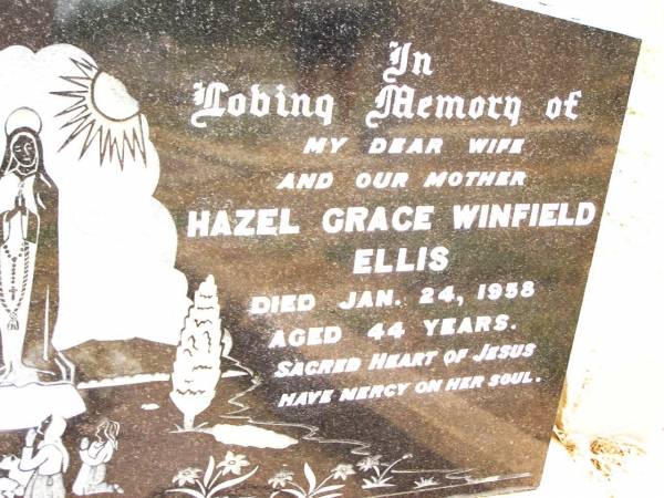 Hazel Grace Winfield ELLIS,  | wife mother,  | died 24 Jan 1958 aged 44 years;  | Jandowae Cemetery, Wambo Shire  | 