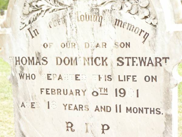 Thomas Dominick STEWART,  | son,  | died 8 Feb 1910 aged 18 years 11 months;  | Jandowae Cemetery, Wambo Shire  | 