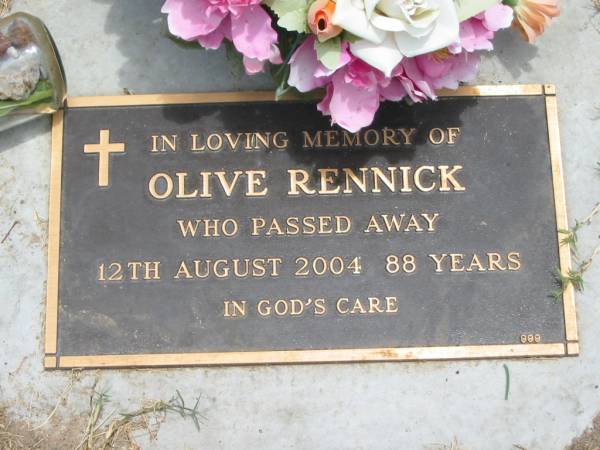 Olive RENNICK,  | died 12 Aug 2004 aged 88 years;  | Jandowae Cemetery, Wambo Shire  | 