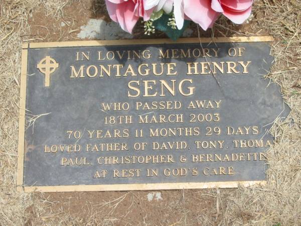 Montague Henry SENG,  | died 18 March 2003  | aged 70 years 11 months 29 days,  | father of David, Tony, Thomas, Paul,  | Christopher & Bernadette;  | Jandowae Cemetery, Wambo Shire  | 