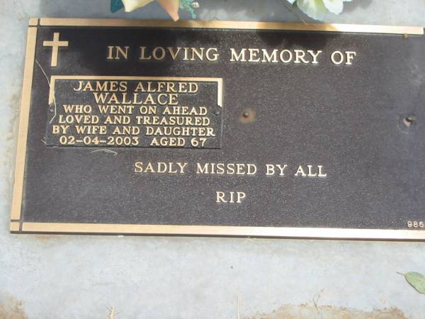 James Alfred WALLACE,  | died 02-04-2003 aged 67 years,  | loved by wife & daughter;  | Jandowae Cemetery, Wambo Shire  | 