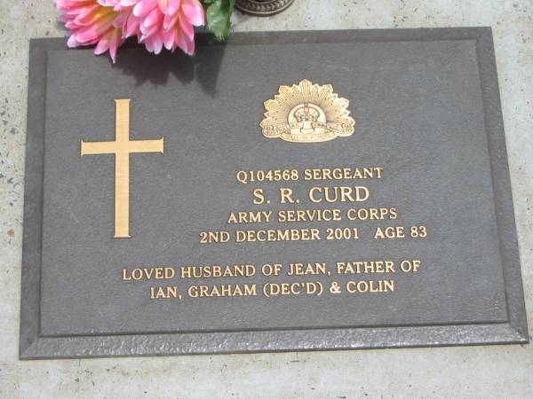 S.R. CURD,  | died 2 Dec 2001 aged 83 years,  | husband of Jean,  | father of Ian, Graham (dec'd) & Colin;  | Jandowae Cemetery, Wambo Shire  | 