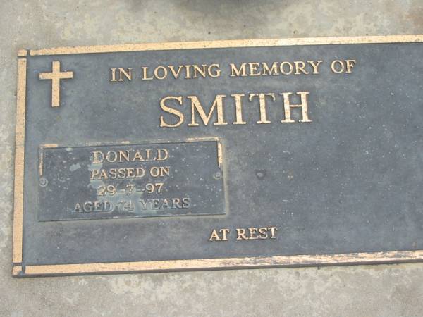 Donald SMITH,  | died 29-7-97 aged 74 years;  | Jandowae Cemetery, Wambo Shire  | 