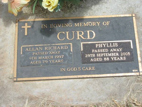 Allan Richard CURD,  | died 9 March 1997 aged 79 years;  | Phyllis CURD,  | died 29 Sept 2005 aged 88 years;  | Jandowae Cemetery, Wambo Shire  | 
