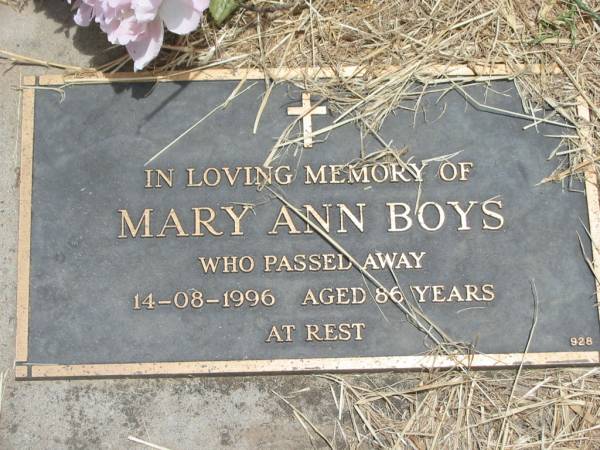 Mary Ann BOYS,  | died 14-08-1996 aged 86 years;  | Jandowae Cemetery, Wambo Shire  | 