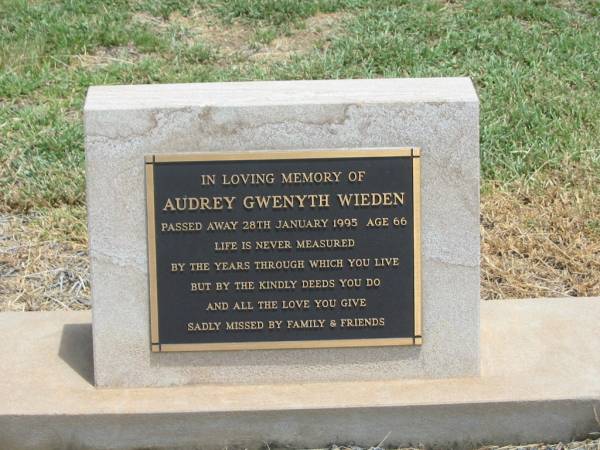 Audrey Gwenyth WIDEN,  | died 28 Jan 1995 aged 66 years;  | Jandowae Cemetery, Wambo Shire  | 