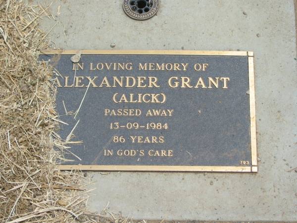 Alexander (Alick) GRANT,  | died 13-09-1984 aged 86 years;  | Jandowae Cemetery, Wambo Shire  | 