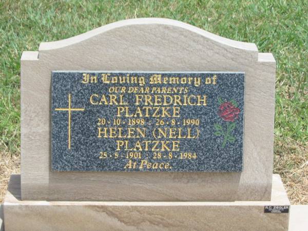 parents;  | Carl Fredrich PLATZKE,  | 20-10-1898 - 26-8-1990;  | Helen (Nell) PLATZKE,  | 25-5-1901 - 28-8-1984;  | Jandowae Cemetery, Wambo Shire  | 