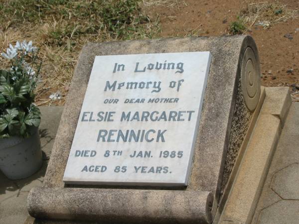 Elsie Margaret RENNICK,  | mother,  | died 8 Jan 1985 aged 85 years;  | Jandowae Cemetery, Wambo Shire  | 