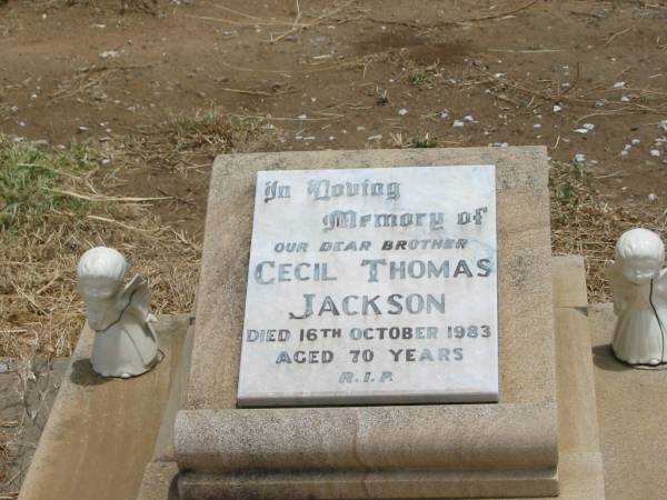 Cecil Thomas JACKSON,  | brother,  | died 16 Oct 1983 aged 70 years;  | Jandowae Cemetery, Wambo Shire  | 