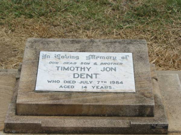Timothy Jon DENT,  | son brother,  | died 7 July 1984 aged 14 years;  | Jandowae Cemetery, Wambo Shire  | 