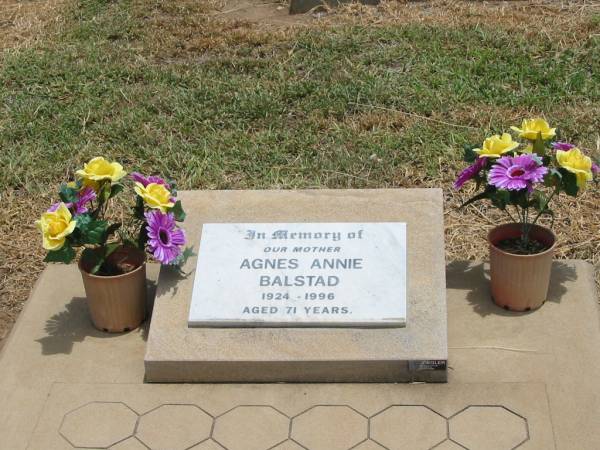 Agnes Annie (Nancy) BALSTAD,  | 1924 - 1996 aged 71 years;  | Jandowae Cemetery, Wambo Shire  | 