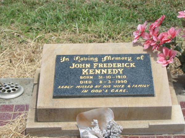 John Frederick KENNEDY,  | born 31-10-1910,  | died 8-3-1990,  | missed by wife & family;  | Jandowae Cemetery, Wambo Shire  | 
