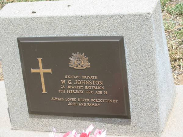 W.G. JOHNSTON,  | died 8 Feb 1990 aged 74 years,  | never forgotten by Josie & family;  | Jandowae Cemetery, Wambo Shire  | 