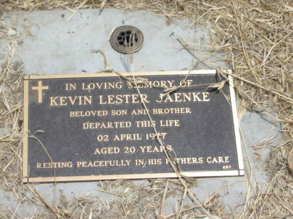 Kevin Lester JAENKE,  | son brother,  | died 2 April 1977 aged 20 years;  | Jandowae Cemetery, Wambo Shire  | 