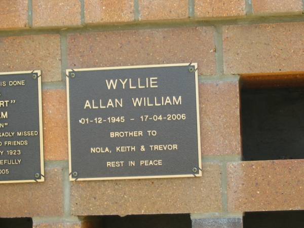 Allan William WYLLIE,  | 01-12-1945 - 17-04-2006,  | brother to Nola, Keith & Trevor;  | Jandowae Cemetery, Wambo Shire  | 