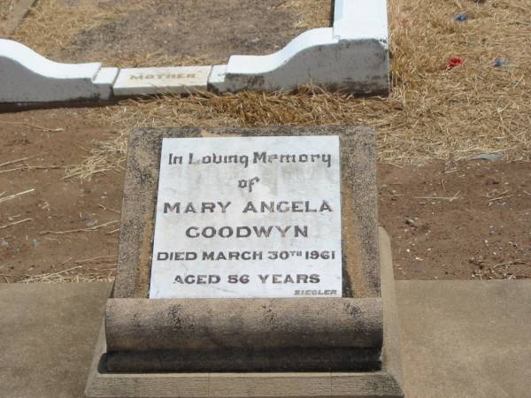 Mary Angela GOODWYN,  | died 30 March 1961 aged 56 years;  | Jandowae Cemetery, Wambo Shire  | 