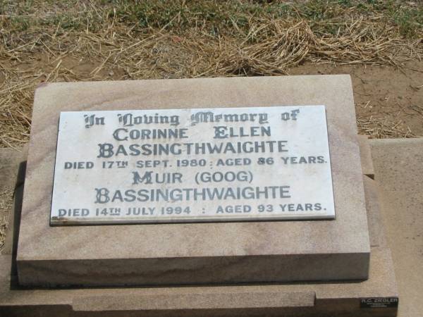 Corinne Ellen BASSINGTHWAIGHTE,  | died 17 Sept 1980 aged 86 years;  | Muir (Goog) BASSINGTHWAIGHTE,  | died 14 July 19994 aged 93 years;  | Jandowae Cemetery, Wambo Shire  | 