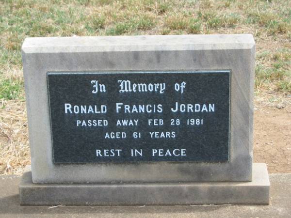 Ronald Francis JORDAN,  | died 28 Feb 1981 aged 61 years;  | Jandowae Cemetery, Wambo Shire  | 