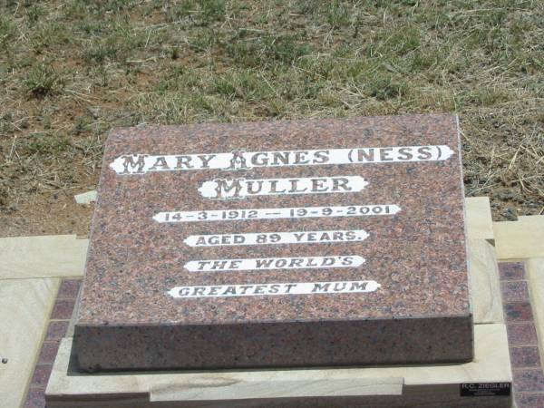 Mary Agnes (Ness) MULLER,  | mum,  | 14-3-1912 - 19-9-2001 aged 89 years;  | Jandowae Cemetery, Wambo Shire  | 